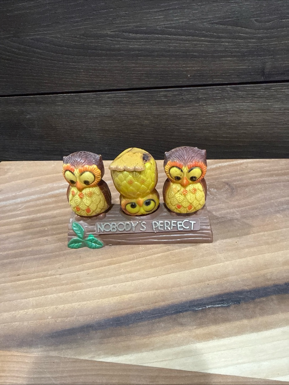 Yellow and Brown Owl Figurine Trio - 'Nobody's Perfect' salt and pepper shakers